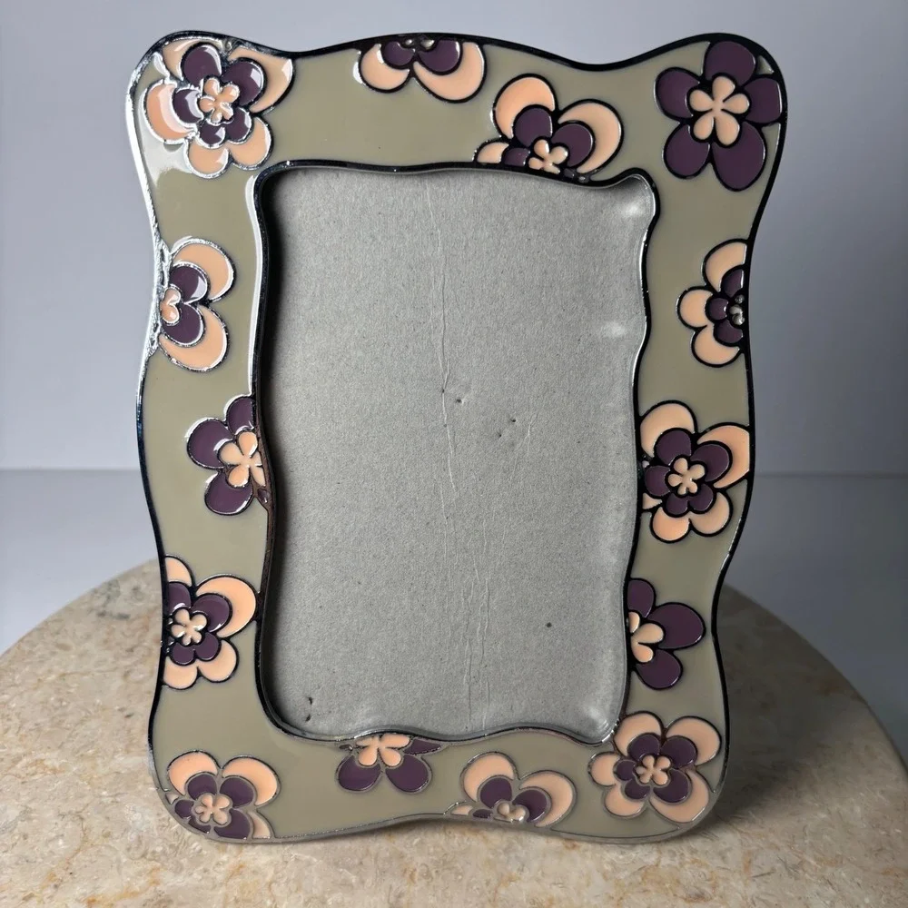 Retro Floral Enamel Photo Frame 8x6 Taupe Purple Wavy Metal Art Nouveau‎